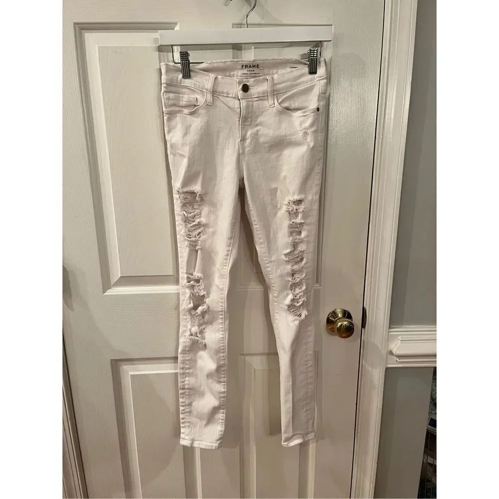 Frame Denim White Le Skinny de Jeanne Distressed Jeans sz 28